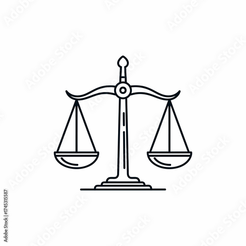 A minimalist black line art illustration of a balance scale, symbolizing justice, law, and fairness.