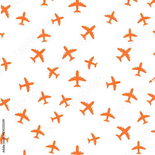 Seamless Pattern of Orange Airplanes on a White Background