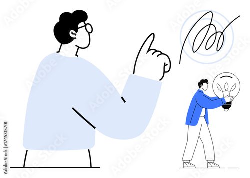 Simplified figure pointing as another carries a light bulb symbolizing ideas, creativity, leadership, and innovation. Ideal for solution finding, teamwork, brainstorming, creativity, growth design