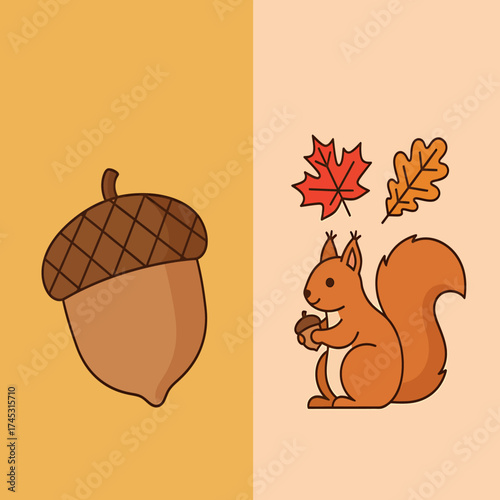A charming cartoon squirrel clutches an acorn, surrounded by colorful fall leaves, on a split background.