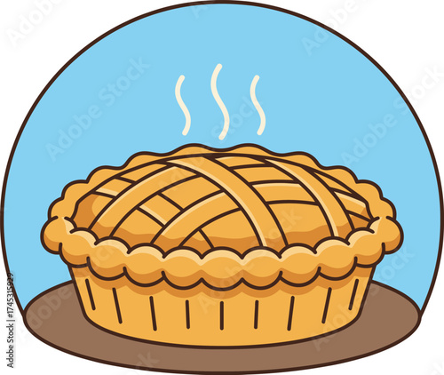 A warm, freshly baked apple pie with a golden lattice crust, steaming gently, presented on a plate.