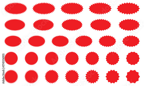 Red Starburst Stickers and Labels Collection for Sale, Discount, and Promo Advertising Design.
