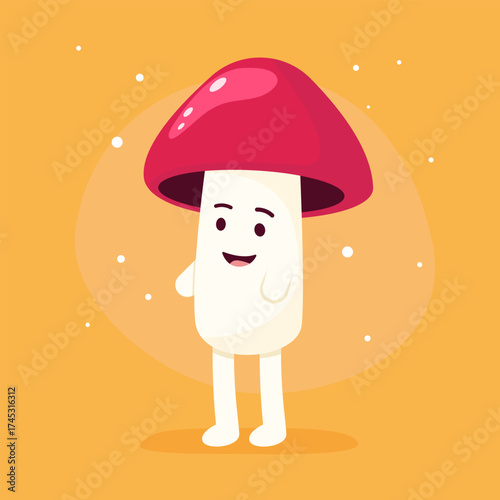Cheerful cartoon mushroom character on playful orange background