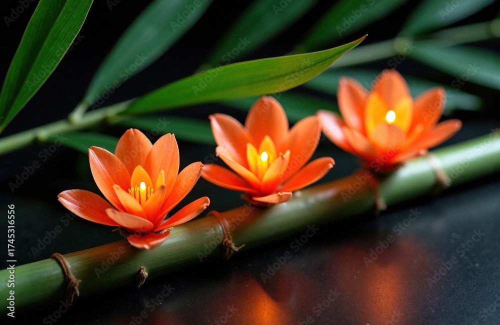 Fototapeta premium Three orange flowers with glowing centers rest on a bamboo stalk surrounded by green leaves against a dark background
