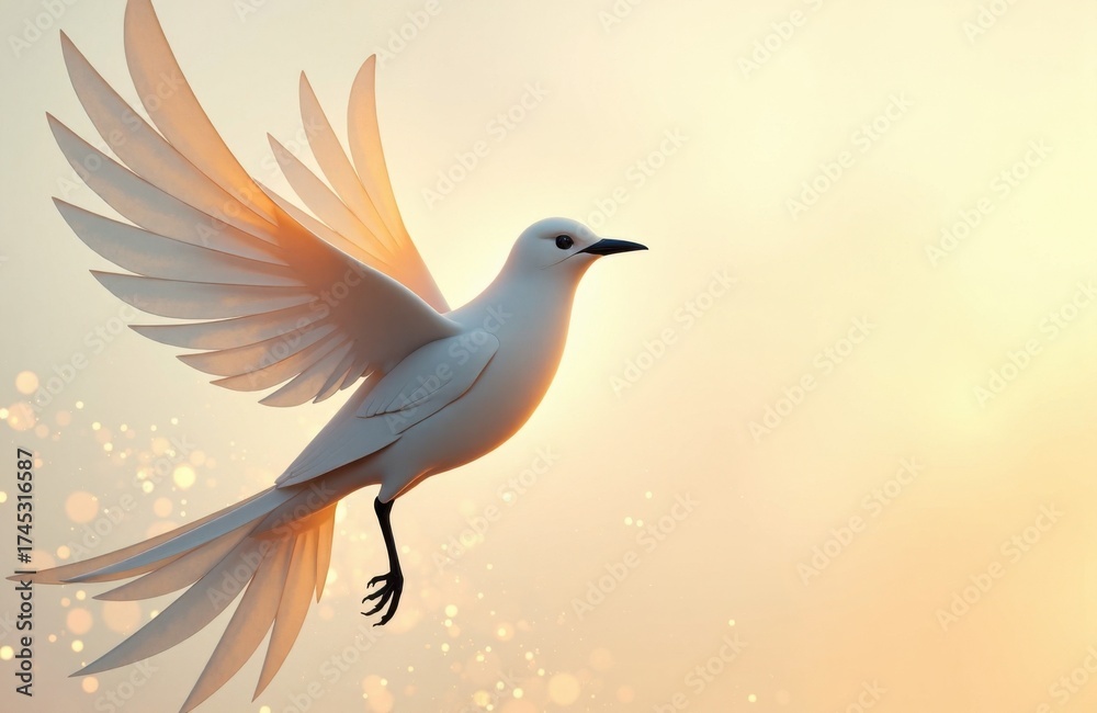 Fototapeta premium A white bird with outstretched wings soaring against a soft, glowing background