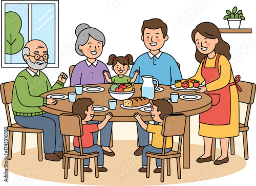 A multi-generational family enjoys a meal together, with grandparents, parents, and children sharing food and conversation.
