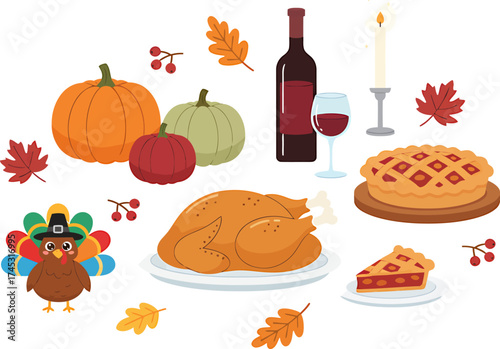 Wallpaper Mural A vibrant illustration of a Thanksgiving dinner table with a turkey, pie, wine, and festive decorations. Torontodigital.ca