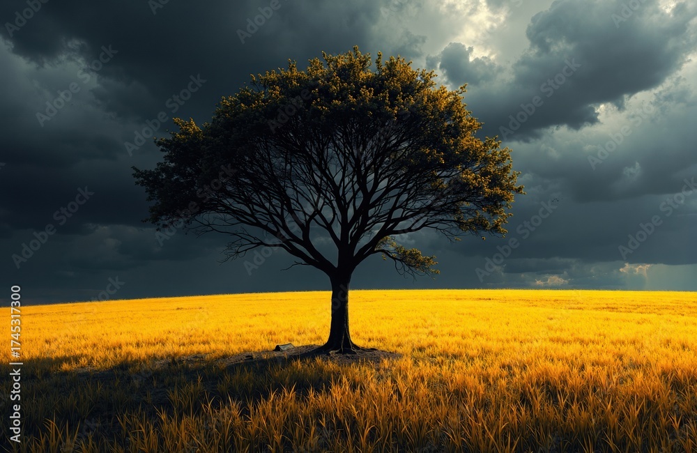 Fototapeta premium A solitary tree stands in a vast golden field under a dramatic cloudy sky