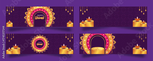 Majestic Happy Dhanteras vector banner Goddess Lakshmi on a lotus, framed by an arch and a glittering golden pot overflowing with coins. Symbolizes wealth, prosperity and Festival of Lights.