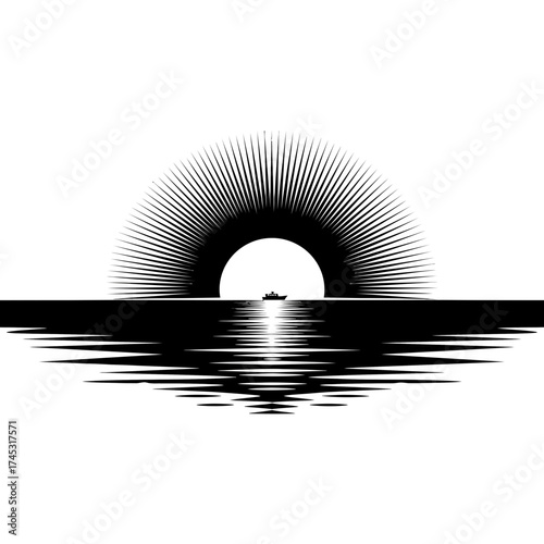 Boat sailing towards a stylized sun silhouette isolated on white background
