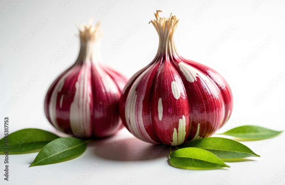 Fototapeta premium Fresh garlic bulbs with green leaves on a white background
