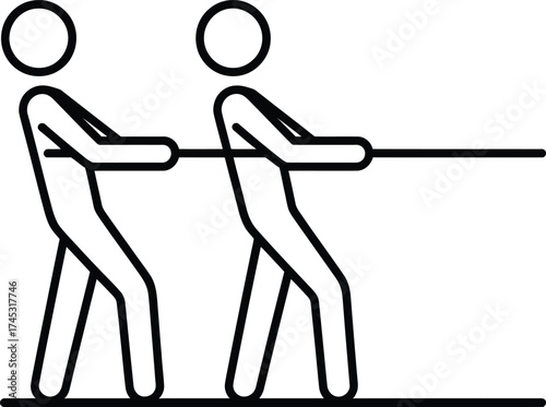 Two stick figures pulling a rope together in a team effort