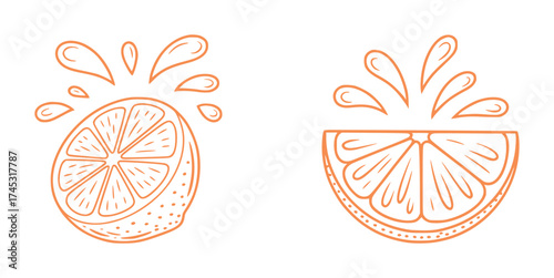 Two stylized orange slices with juice splashes, orange outline on white background