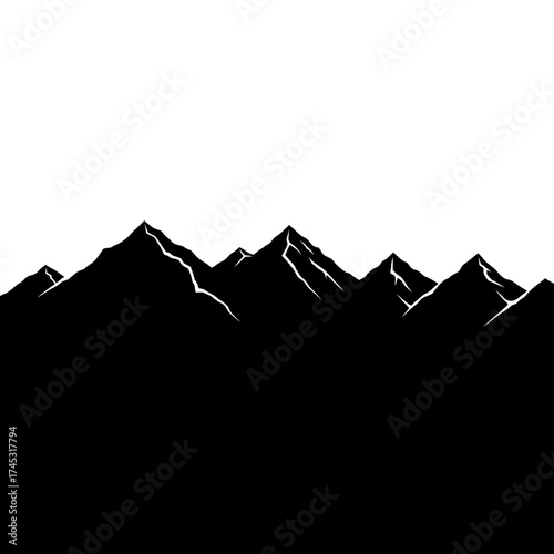 Jagged mountain range silhouette isolated on white background