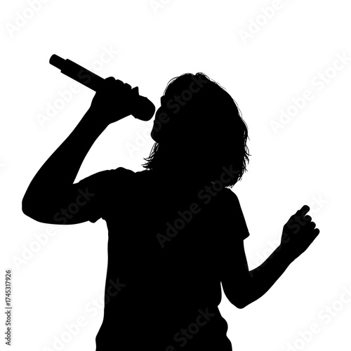 Person singing into microphone silhouette isolated on white background