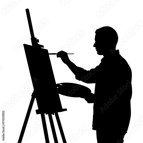 Artist painting on easel silhouette isolated on white background