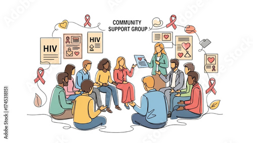 Continuous Line Art of HIV Awareness, Community Support Group and School Education, Minimalist Health and Prevention Illustration