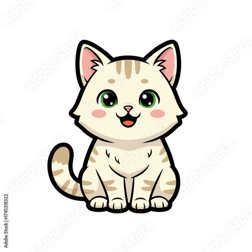 Adorable kawaii kitten illustration of a happy tabby cat sitting character