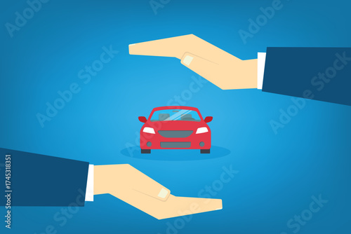 Car with a protective hands. For security concepts, protection of private property. Insurance, mortgage, credit.	