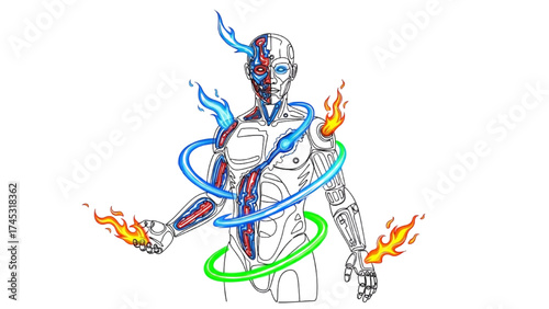 Continuous Line Art of Futuristic Humanoid Cyborg with Robotic Enhancements, Minimalist Technology Illustration