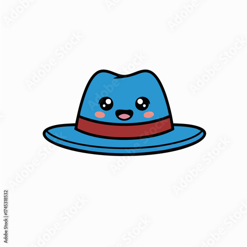 Cute blue fedora hat with a happy face, kawaii cartoon character illustration