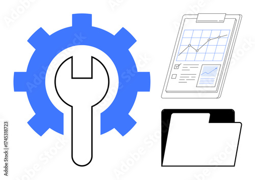 Bold gear and wrench for tools and development, clipboard with graphs for analytics, file folder for organization. Ideal for strategy, productivity, management, planning, workflow, data efficiency