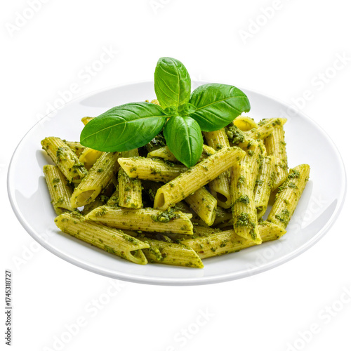 Creamy Pesto Penne Pasta on White Plate, Isolated PNG 