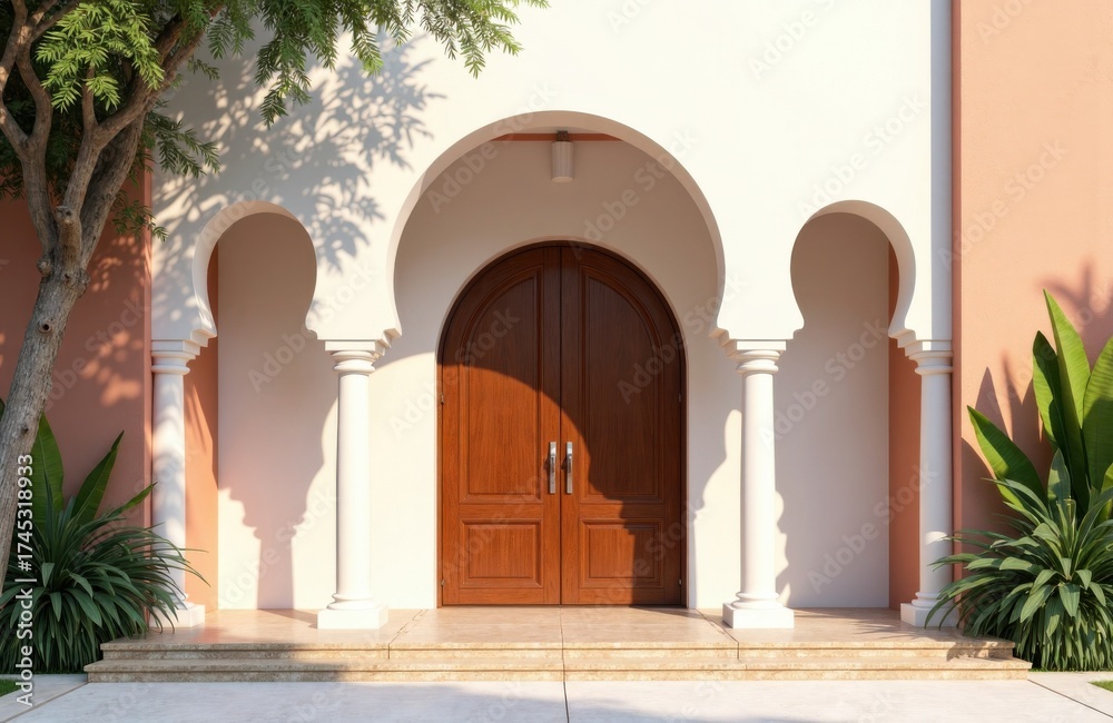 Fototapeta premium A wooden door set within an arched entrance framed by white columns and surrounded by lush green plants