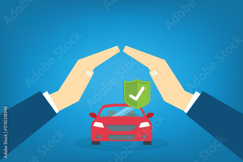Car with a protective hands. For security concepts, protection of private property. Insurance, mortgage, credit.	