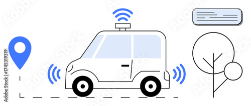 Autonomous vehicle moving with wireless signals and location marker, surrounded by a tree and air conditioner. Ideal for AI, navigation, tech, transportation, innovation, future concept, energy