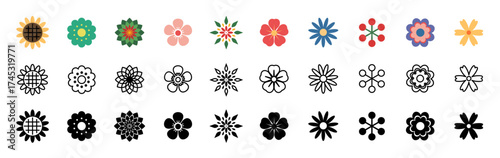 Flower icon set. Retro vintage style floral symbol. Geometric shapes for Spring, Christmas ornament, garden, plant logo, decoration and more. Vector illustration.