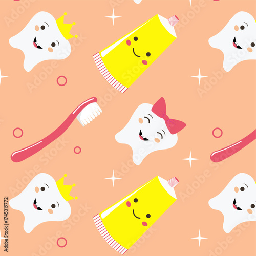Seamless pattern with teeth, toothpaste, brush, baby teeth, cute tooth