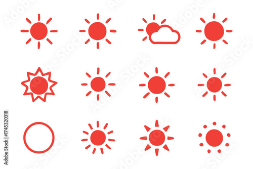 Sun icons set. Sun weather symbol collection. Sunshine, sunlight, sunburst icon set. Vector icons