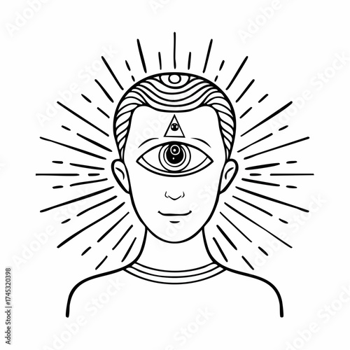 A stylized illustration of a person with an all-seeing eye and radiating light.