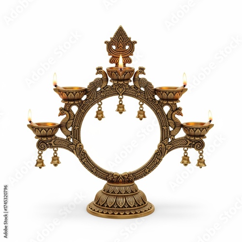Ornate traditional brass stand used to hold a religious lamp (Deepastambham), isolated on white.