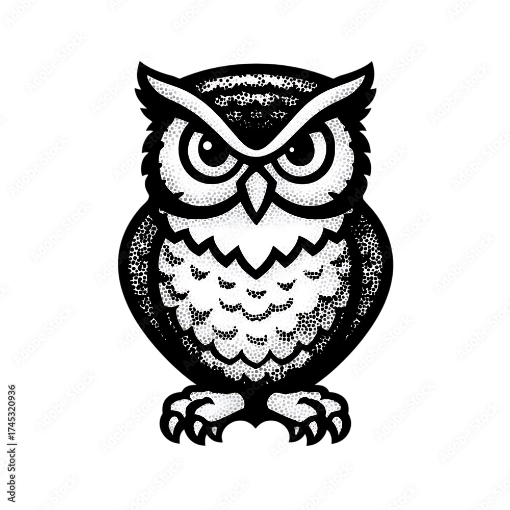 Fototapeta premium Stylized White Owl Illustration with Textured Feathers bird black isolated on a transparent background