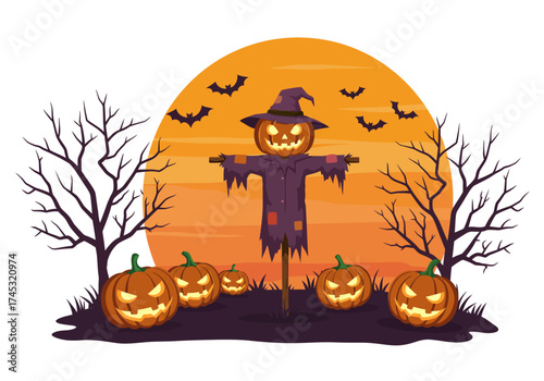 Horror Illustration of a Scarecrow Standing Tall in a Pumpkin Patch Illuminated by the Sunset Glow 