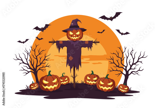 Illustration of a Pumpkin-Headed Scarecrow with a Witch Hat in a Pumpkin Field at Sunset 