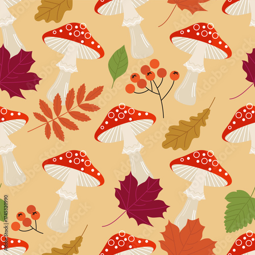 seamless pattern makes a poisonous mushroom with autumn leaves and wild berries. flat drawing, plant background. stock vector illustration. EPS 10.