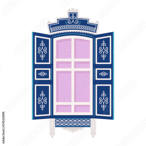 Russian window with shutters and patterns is drawn in flat style and highlighted on a white background. traditional Russian window, detail of a national Russian house. stock vector illustration. EPS10