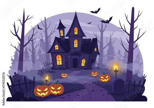 Spooky Old Haunted House in the Middle of an Eerie Forest with a Winding Path and Terrifying Pumpkins 