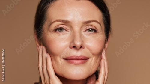 Headshot of a mature woman with hands near cheeks, soft focus against a beige background