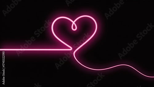 A glowing pink neon heart shape formed by a continuous line on a black background, symbolizing love and romance