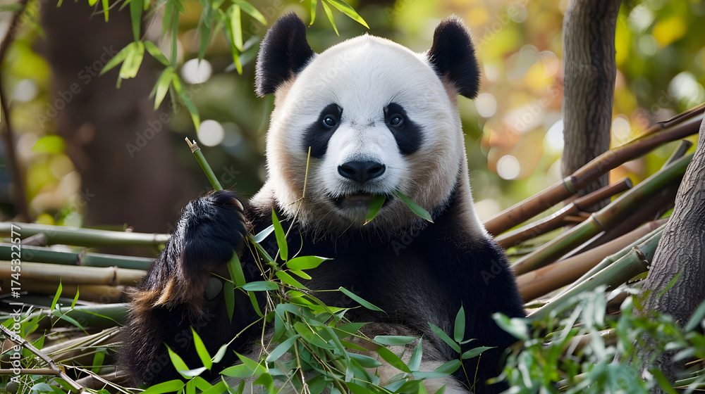 Fototapeta premium Giant Pandas Feeding in Bamboo Forest: Black-and-White Bears Chewing Fresh Bamboo Shoots, Tender Leaves & Stalks—Lazy, Cute Foraging Behavior in Dense Bamboo Groves of Sichuan/Wolong National Nature R