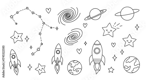 Hand drawn doodle elements for space themed designs and illustrations.