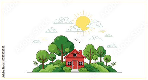 A charming little red house nestled amongst lush green trees and rolling hills under a bright sunny sky with fluffy clouds.