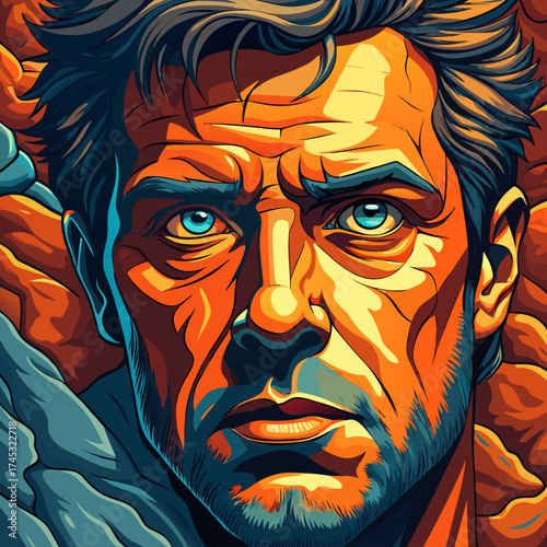 Vector art of intense portrait of a man with piercing blue eyes and determined expression