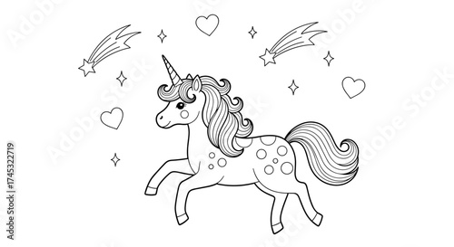 A whimsical unicorn with a flowing mane and tail prances gracefully under a sky filled with shooting stars and hearts.