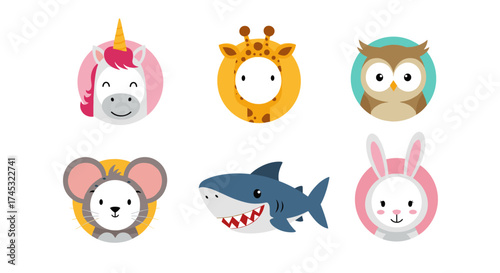 A charming collection of six adorable animal face icons featuring a unicorn giraffe owl mouse shark and bunny perfect for creative projects.