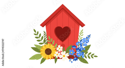 A charming red birdhouse adorned with a heart and surrounded by a vibrant bouquet of wildflowers.